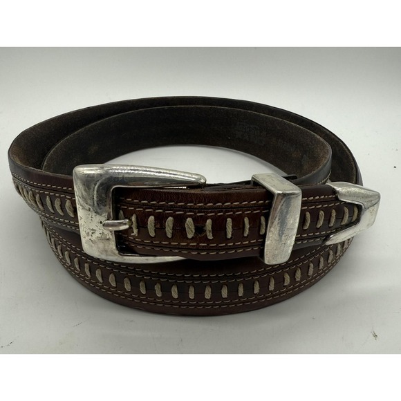 Brighton Onyx Western Leather Belt Mens Brown Silver Buckle Tip Whipstitch sz 42